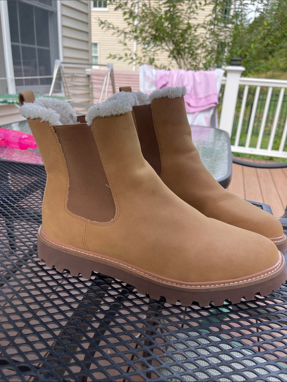 J. Crew Tan Chelsea Ankle Boots with Shearling Collar, faux leather